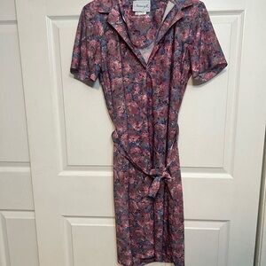 Vintage Nancy‎ II Purple Floral Dress Size 14 USA Made Collared Belt Tie